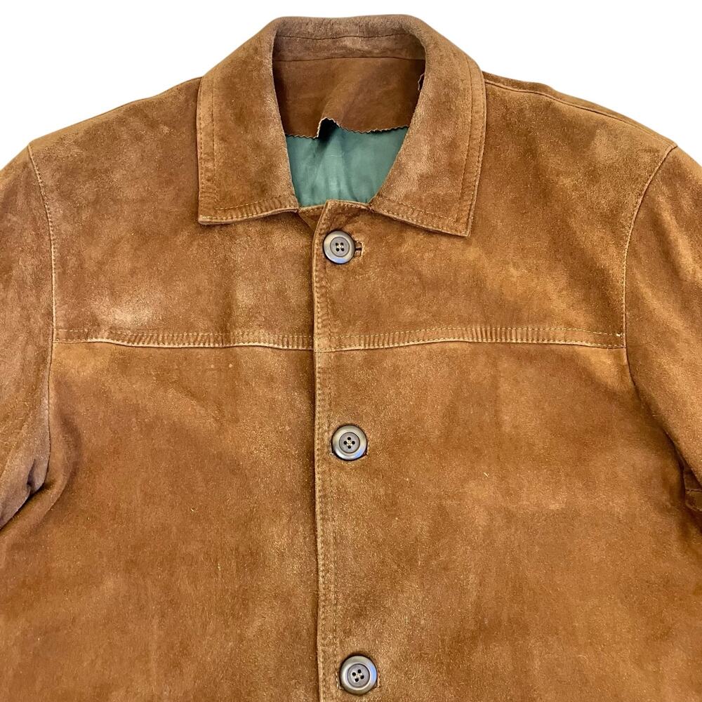 Mens Sz S Vintage 90s Brown Suede Jacket Button Front boxy Fit Hip Length Worn - Picture 7 of 16